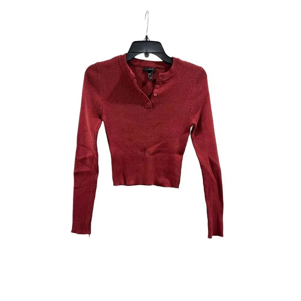 Forever 21 Red & Green Ribbed Henley Long Sleeve Crop Sweater Set- Size Small - Picture 2 of 9
